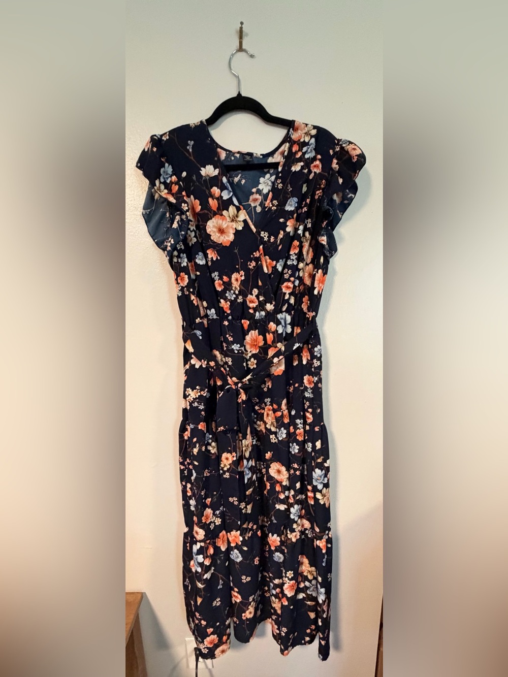 SHEIN Navy Floral Midi Dress with Peach & White Flowers